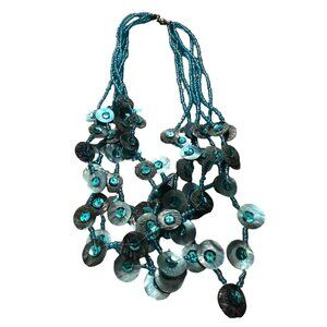 Beaded Turquoise Blue Multi Stranded Shell Necklace with Clasp 10" Womens Shell